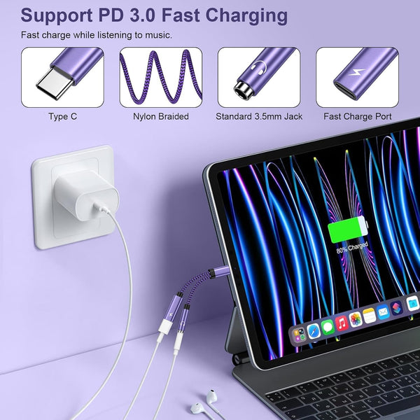 USB C to 3.5mm Jack and Charger Adapter USB C Headphone Adapter Splitter