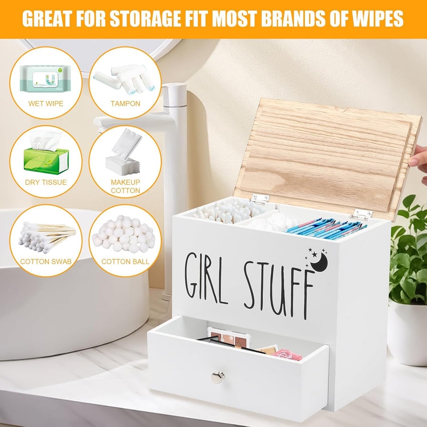 Tampon & Sanitary Pad Storage Box Wooden Organizer with Drawer & Lid â White