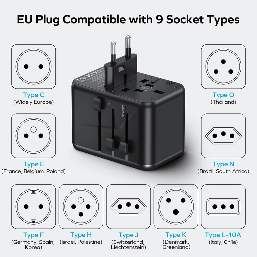 MOMAX Universal Travel Adapter,70W GaN Travel Plug Adapter with UK/EU/AU/US Plugs, 3USB-C PD & 2USB-A QC International Adapter Charger, White Gray