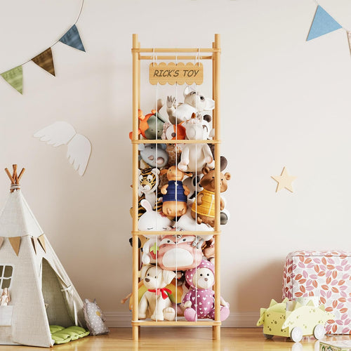 Stuffed Animal Storage Organizer Wooden Zoo Toy Holder Large Capacity 15.8in Wide Natural