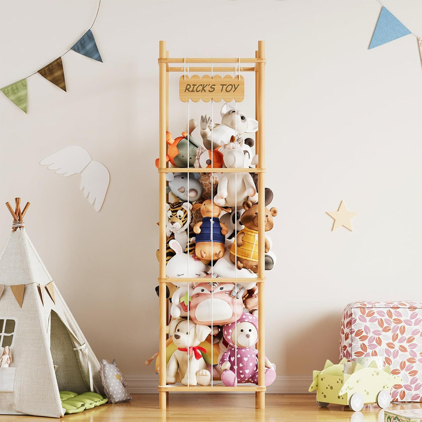 Stuffed Animal Storage Organizer Wooden Zoo Toy Holder Large Capacity 15.8in Wide Natural