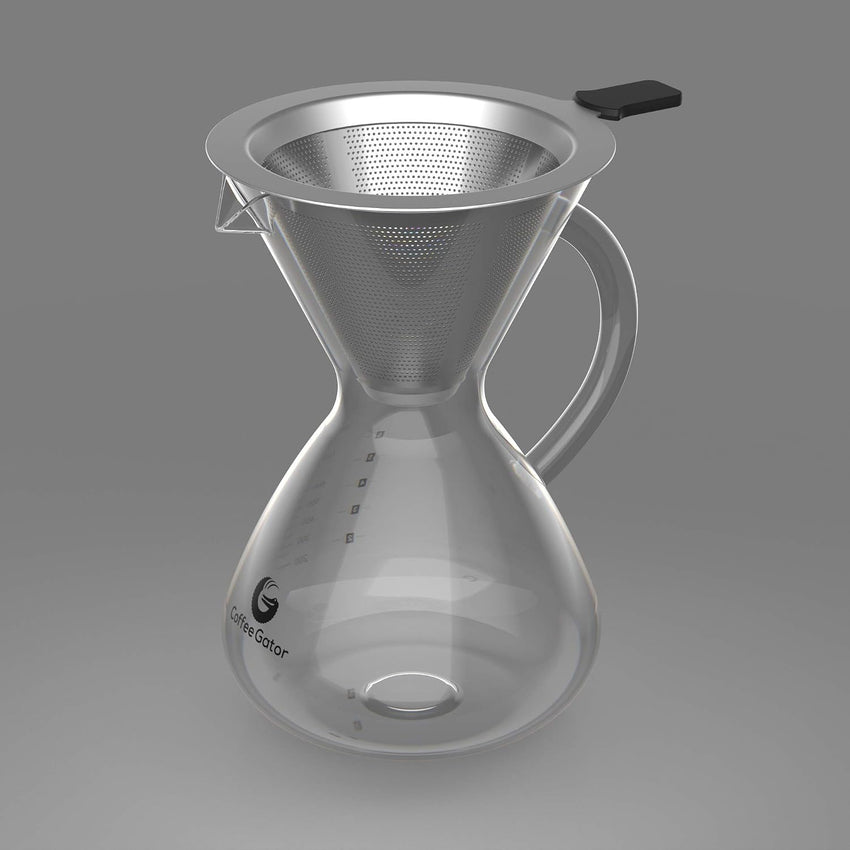 Coffee Gator Pour Over Coffee Maker Stainless Steel Filter & Glass Dripper - Paperless Hand-Drip Brewer - Eco Friendly - Kitchen & Housewarming Gifts - 800ml