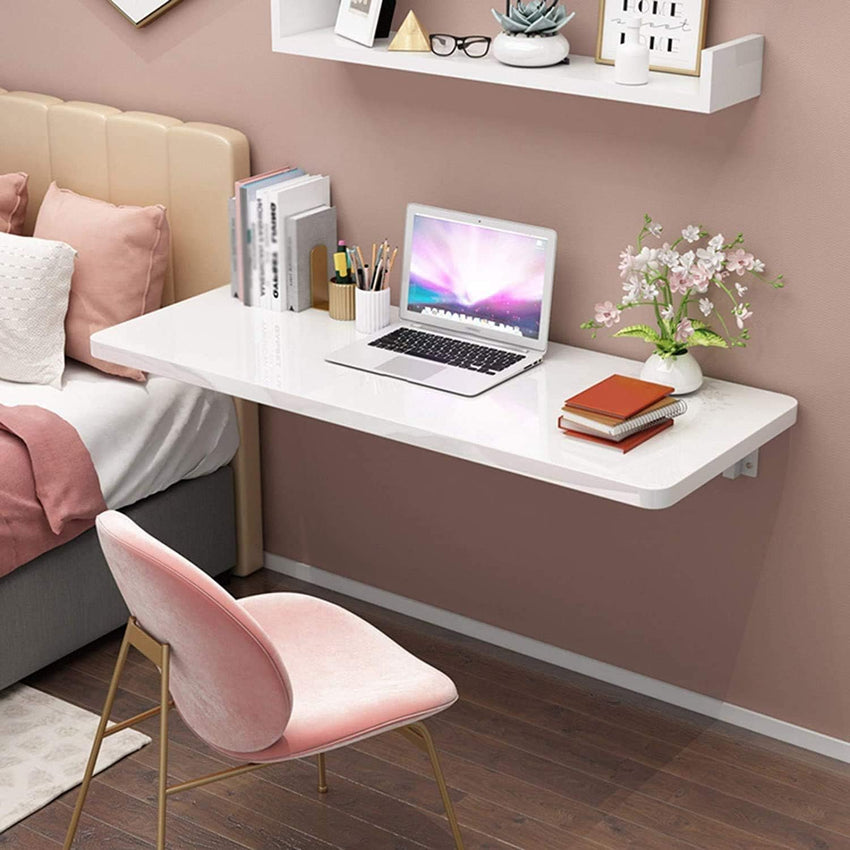 aleawol Wall Mounted Table Folding 60x40cm Floating Laptop Desk Fold-Down Work Table Drop-Leaf Table Wall Writing Desk PC Table Computer Desk Dining Table with Brackets for Space Saving (White)