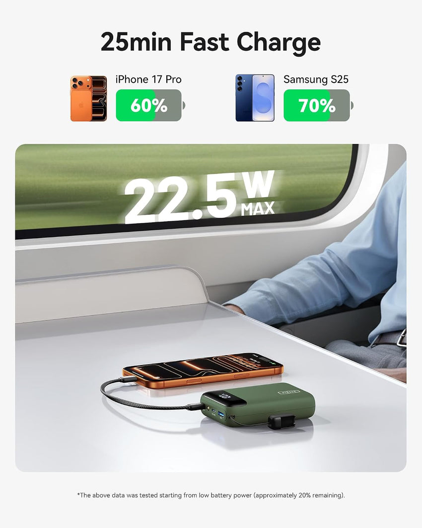 INIU 20000mAh Power Bank 22.5W PD3.0 QC4.0 USB-C Fast Charge Portable Battery Green