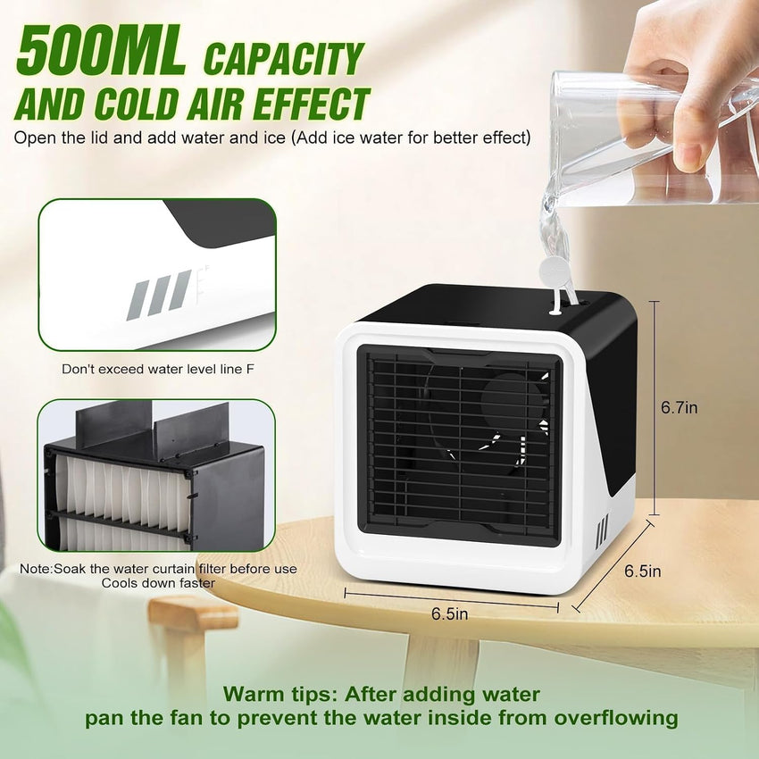 Portable Evaporative Air Cooler Fan 3 Speeds Replaceable Filter Humidifier 7-LED