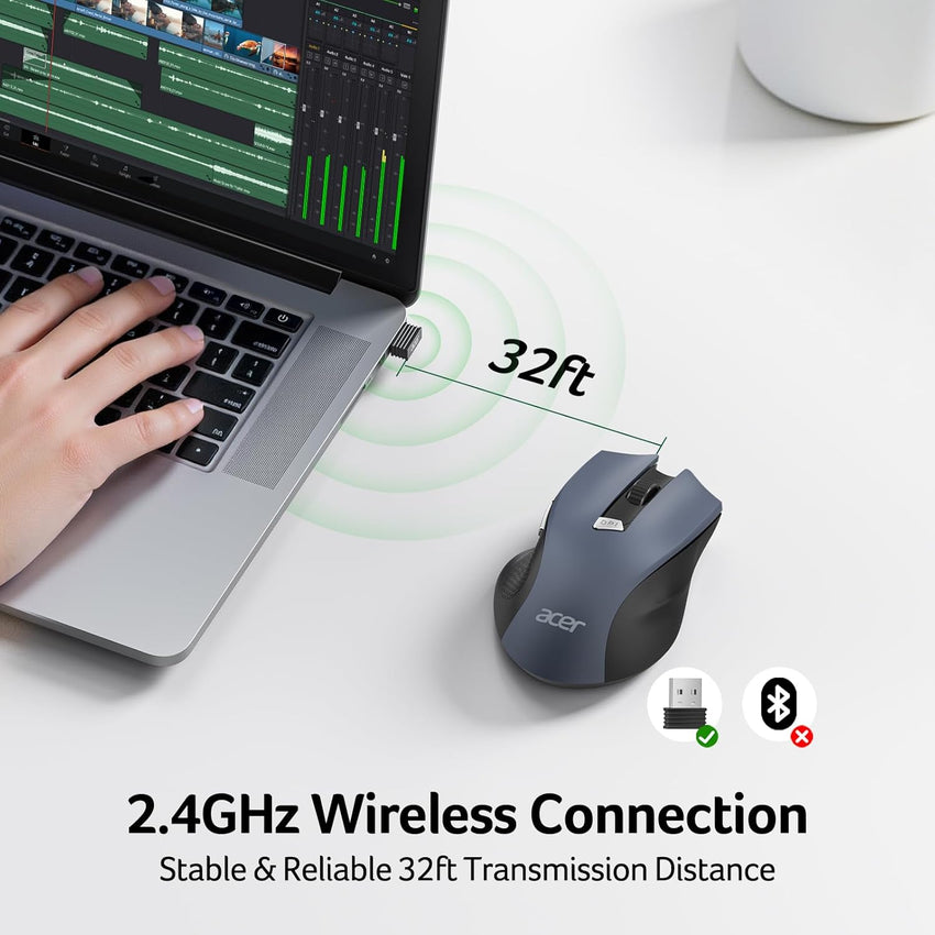 acer Wireless Mouse, INCL Batteries 3 Adjustable DPI Ergonomic Computer Mouse 2.4GHz with USB Receiver, 6 Buttons, Cordless Optical Tracking, Battery Indicator, Portable Mice Wireless for Laptop, PC, Desktop, Mac