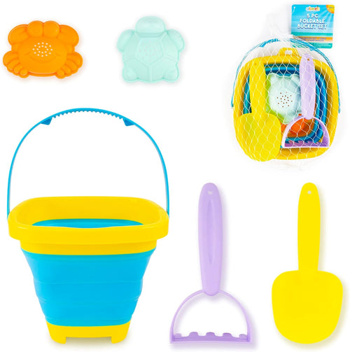 abeec 5 Piece Foldable Beach Bucket Set â Collapsible Sand Bucket & Sandpit Toys â Ideal Beach, Outdoor, Water, and Sand Toys for Kids
