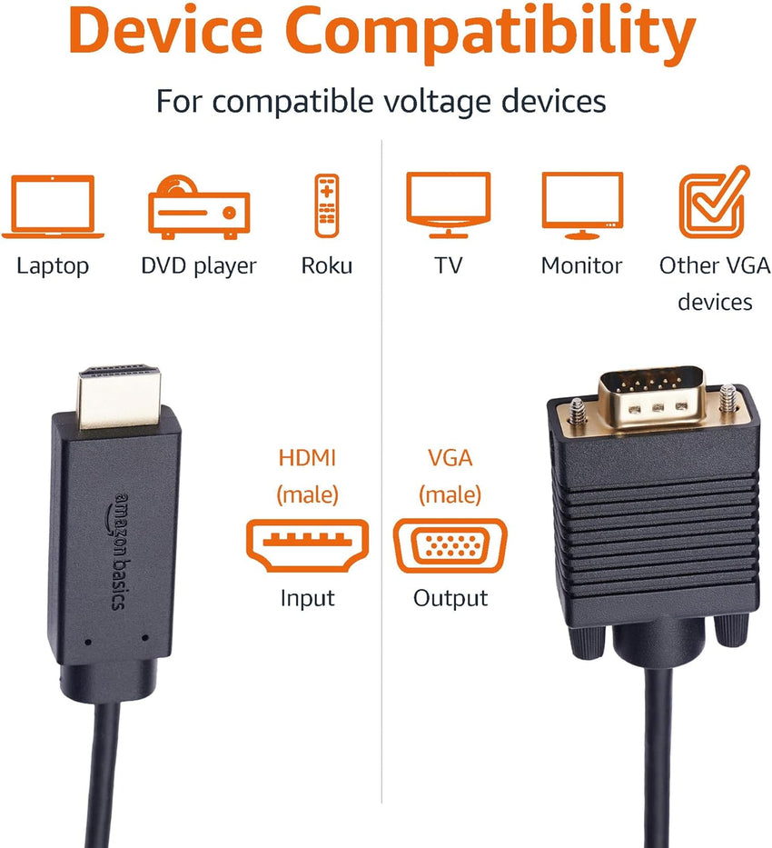 Amazon Basics HDMI (Source) to VGA (Display) Cable (NOT Bidirectional), Gold-Plated, 6 feet, Black
