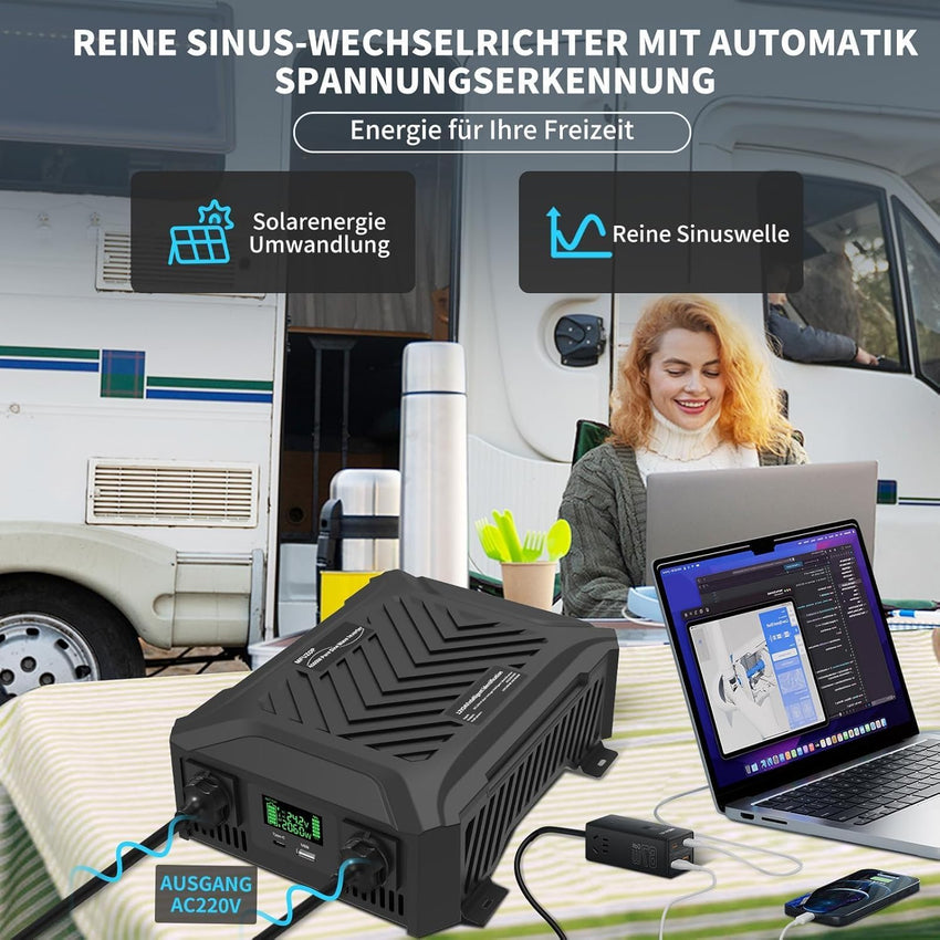 Pure Sine Wave Inverter 12/24V to 240V 1200W/2300W Rated Peak 2000W/4000W 2 UK Sockets USB LCD â 12/24V