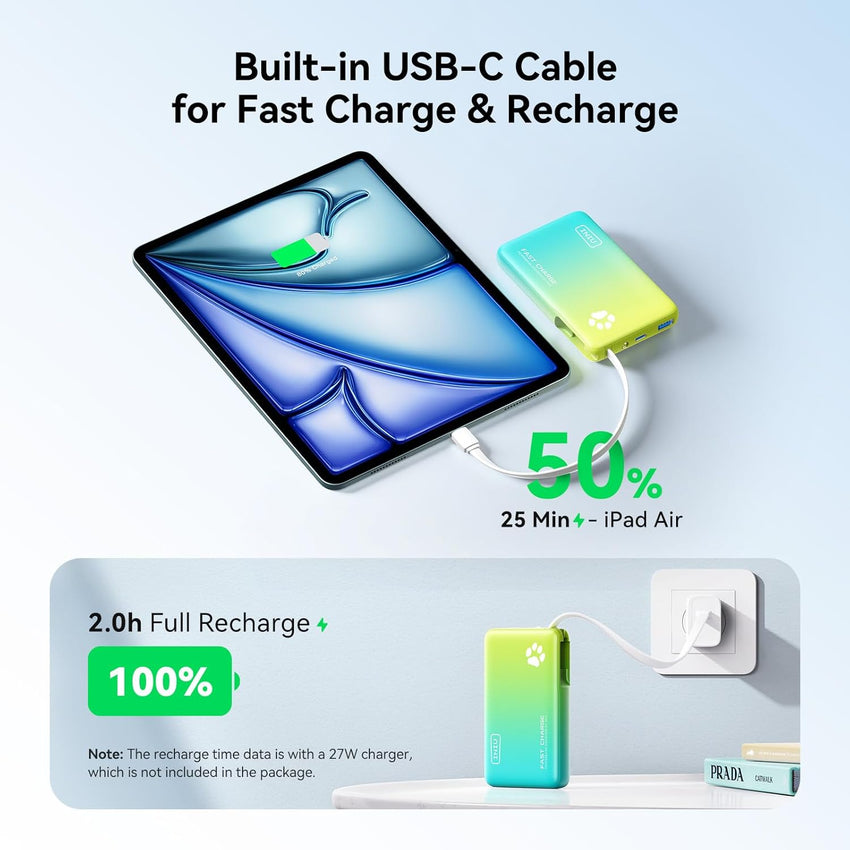 INIU 10000mAh Power Bank 20W Fast Charge Built-in USB-C Cable with Flashlight â Blue/Yellow