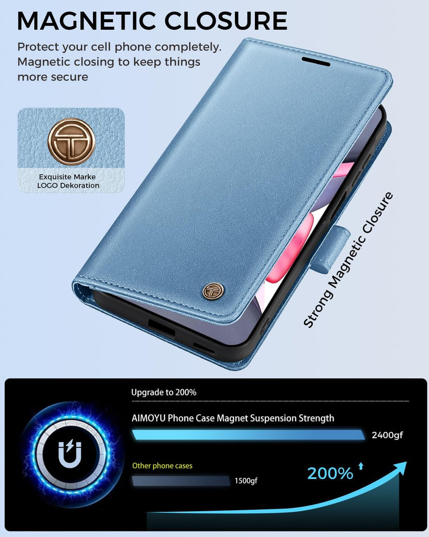 AIMOYU for iPhone 11 Case, Flip Wallet Leather Phone Case with [4 Card Slots] [Kickstand] [RFID Blocking] Magnetic Protective Shockproof Cover for iPhone 11 Phone Case - Sky Blue