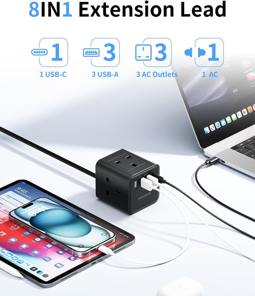 Extension Lead with 4 USB Slots, 4 Way (13A/3250W) Multi Plug Extension Cable, UK Desktop Power Extension Cord with Multi Socket, 1.5M Extension Cable (black, 1.5M)
