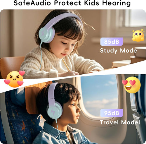 Candy Bila Kids Headphones, Wired Headphones for Kids Over Ear with Microphone, 85/94dB Volume Limiter Headphone for Girls Boys, Foldable Headphone for Learning & Entertainment,Gradient Purple