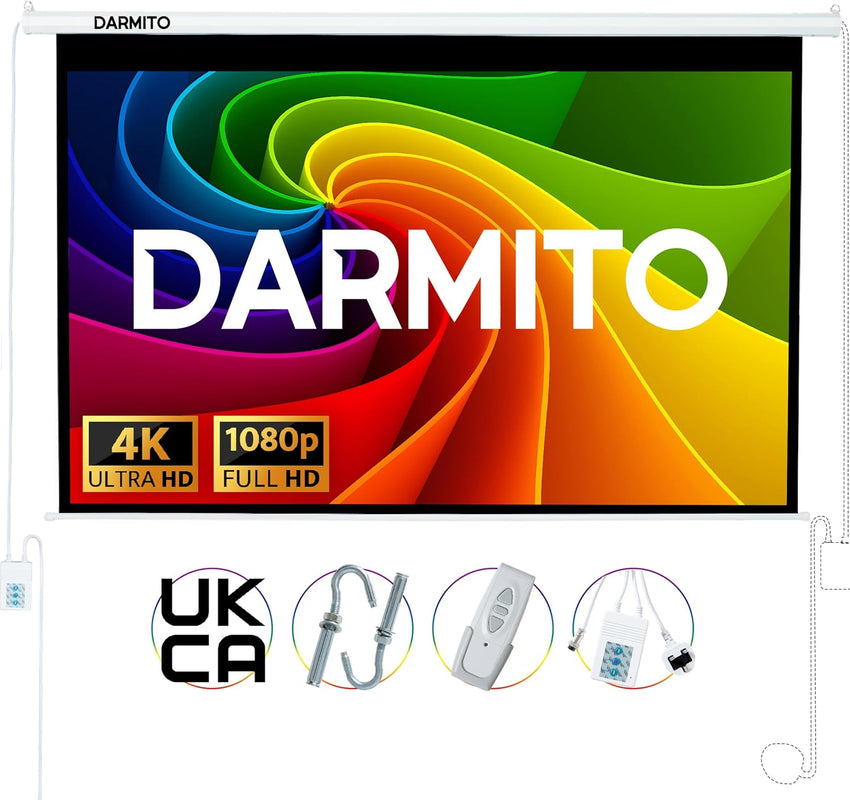 Darmito 100 16:9 Dual-Plug Electric Motorised Projector Screen, Ultra HD 3D 4K 8K Matt White +1.2 Gain, For Meeting School Home Cinema Theater Movie TV DVD Indoor