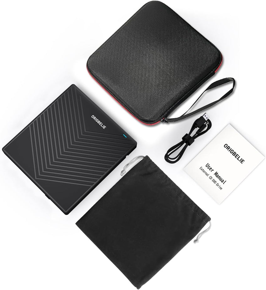 ORIGBELIE External CD DVD Drive, Ultra Slim CD Burner USB 3.0 with 4 USB Ports and 2 TF/SD Card Slots, Optical Disk Drive for Laptop Mac PC Windows 11/10/8/7 Linux OS with Carrying Case