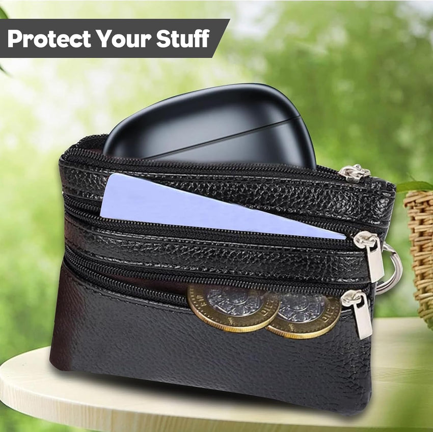 Small Leather Wallet Mini Coin Purse Credit Card Holder 3 Compartments Business Card Key Case Ã¢ÂÂ Black