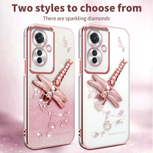 Transparent Glitter Case for Oppo Reno11 F 5G / Reno 11F 5G, Ultra Thin Glitter Bling TPU Shockproof Mobile Phone Case, Shiny Flowers Dragonfly Stand Girl Protective Case Pink