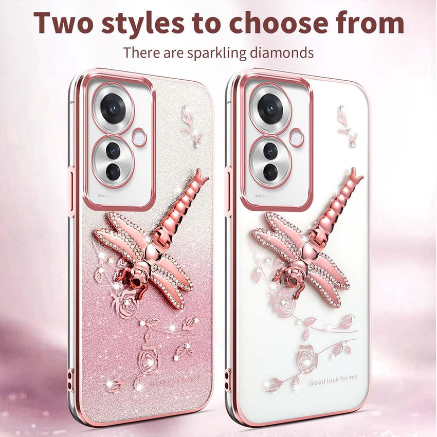 Transparent Glitter Case for Oppo Reno11 F 5G / Reno 11F 5G, Ultra Thin Glitter Bling TPU Shockproof Mobile Phone Case, Shiny Flowers Dragonfly Stand Girl Protective Case Pink