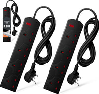 Wolf Power Extension Lead, 4 Gang, 2 Metre Extension Cable with UK 3 Pin Plug & Socket, Wall Mountable Power Strip for Home, Office & Appliances (Black, 2 Pack)