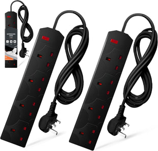 Wolf Power Extension Lead, 4 Gang, 2 Metre Extension Cable with UK 3 Pin Plug & Socket, Wall Mountable Power Strip for Home, Office & Appliances (Black, 2 Pack)