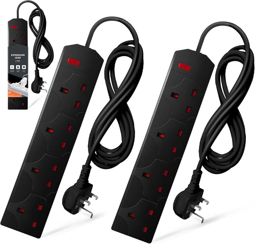 Wolf Power Extension Lead, 4 Gang, 2 Metre Extension Cable with UK 3 Pin Plug & Socket, Wall Mountable Power Strip for Home, Office & Appliances (Black, 2 Pack)