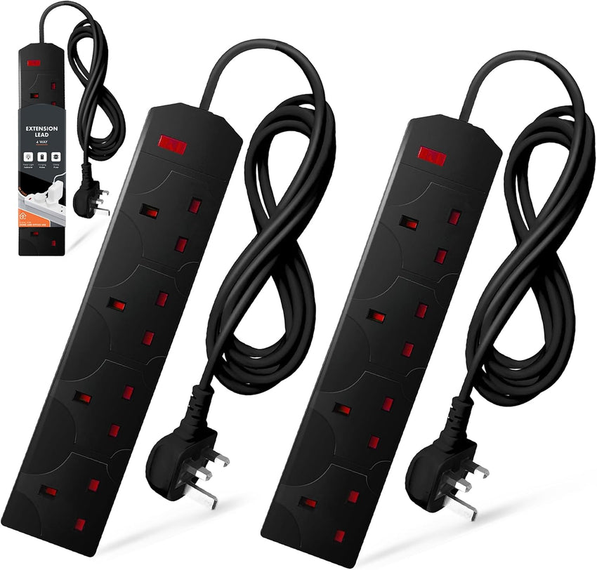 Wolf Power Extension Lead, 4 Gang, 2 Metre Extension Cable with UK 3 Pin Plug & Socket, Wall Mountable Power Strip for Home, Office & Appliances (Black, 2 Pack)