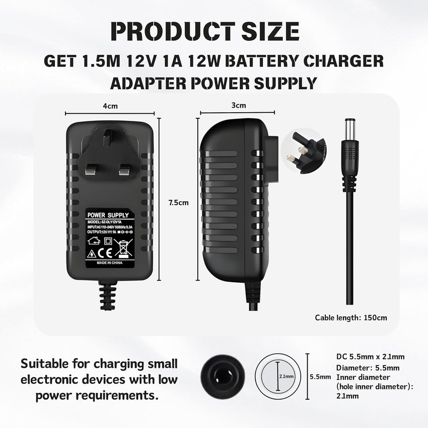 12V Charger for Ride on Car, 1.5M 12V 1ABattery Charger Adapter for Kids Electric Ride on Car SUV Motorcycle ATV Ride Ons Accessories, Sports Car, Quad Bike Jeeps, Electric Baby Carriage Ride Toy