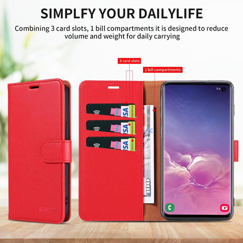 STAWLKA Case for Samsung Galaxy S10, Premium PU Leather Flip Magnetic Buckle Wallet Case Kickstand Blocking RFID Shockproof Protective Phone Cover for Samsung Galaxy S10 - Red