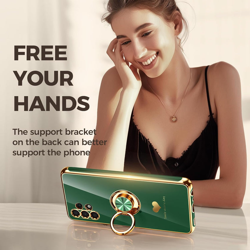 Nonional for Samsung Galaxy A32 5G Case with 2 Pack Screen Protector, 360^0 Rotatable Ring Holder [Luxury Hearts Pattern] Plating Gold Edge Slim Soft Phone Cover Case for Galaxy A32 - Green