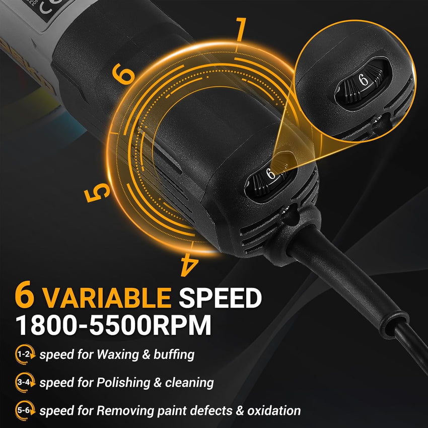 Dual Action Polisher 900W 150mm Pad 6-Speed Random Orbit 600â4000RPM â 150mm