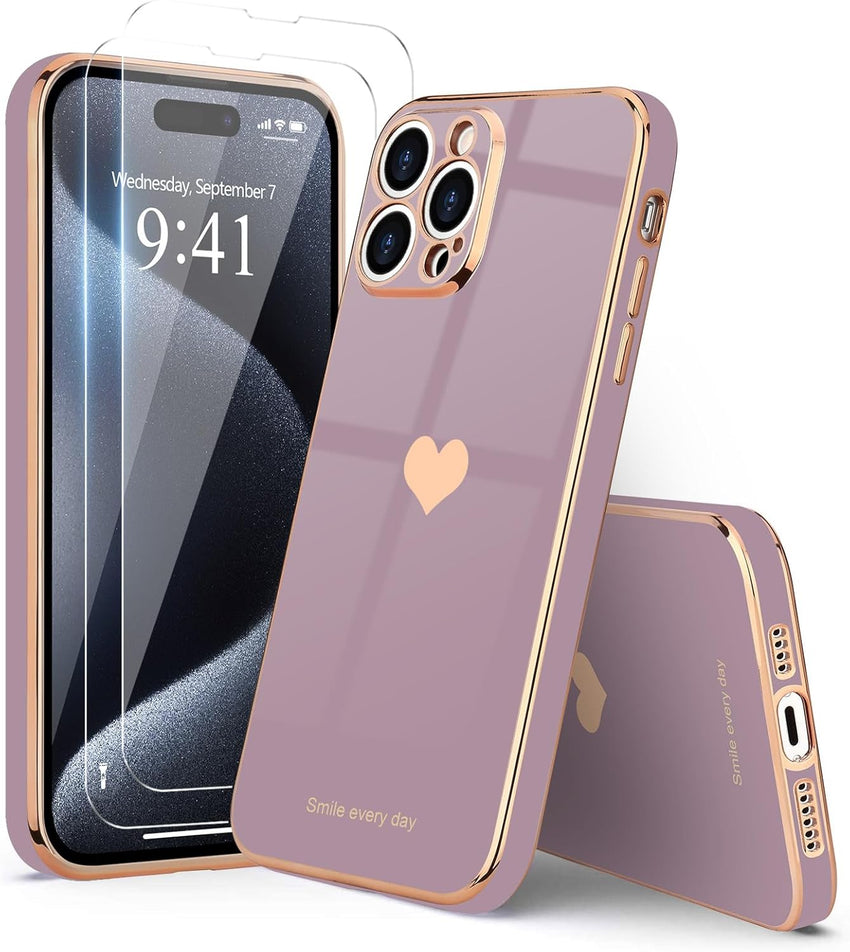 Teageo for iPhone 15 Pro Max Case Girl Women Cute Girly Love-Heart,Lavender | with Screen Protector [2 Pack] Luxury Gold Soft Cover Camera Protection Silicone Shockproof Phone Case iPhone 15 Pro Max