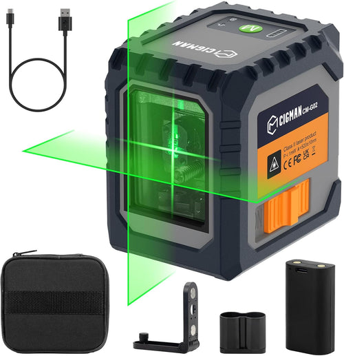 CIGMAN Green Laser Level, Self-leveling Cross Line Laser, 30M Working Distance (Up to 50M with Detector), Rechargeable Battery Built-in, Button Control Laser
