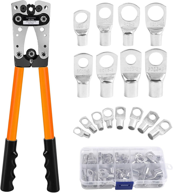 Polegas Battery Cable Crimping Tool Kit 60 Copper Ring Terminals 6-50mm Black
