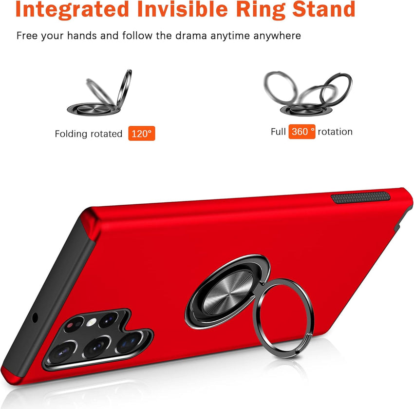 KRAFTCARE for Samsung S22 Ultra Case with Kickstand Ring, Upgrade Shockproof and Anti Scratch 360^0 Magnetic Ring Holder Stand Protective Phone Case Cover for Samsung Galaxy S22 Ultra - Red