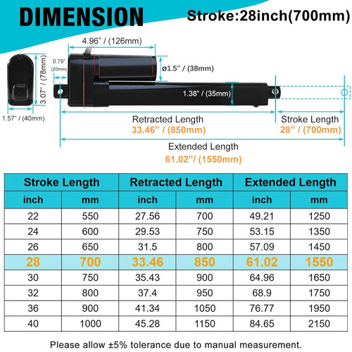 12V Linear Actuator 700mm Stroke 330lbs/1500N IP65 Waterproof 10mm/s Heavy Duty with Mounting Brackets Ã¢ÂÂ 28in