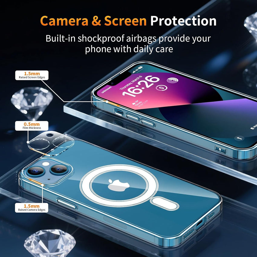 5 in 1 Magnetic for iPhone 13 Case 6.1-Inch with 2X Screen Protector + 2 Lens Protector, [Compatible with MagSafe] Slim Soft TPU Silicone Shockproof Anti-Scratch Phone Cover - Clear