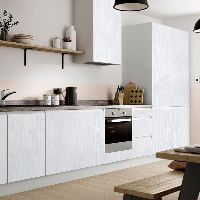 Abyssaly Sticky Back Plastic White Vinyl Wrap Wood Effect Self Adhesive Wallpaper Waterproof Peel and Stick Wallpaper 90cm X 300cm for Decorative Kitchen Worktop Wall Table Furniture Stickers