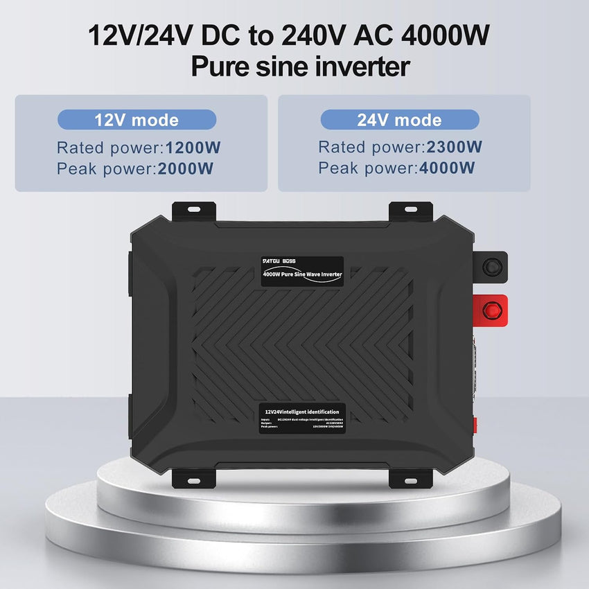 Pure Sine Wave Inverter 12/24V to 240V 1200W/2300W Rated Peak 2000W/4000W 2 UK Sockets USB LCD â 12/24V