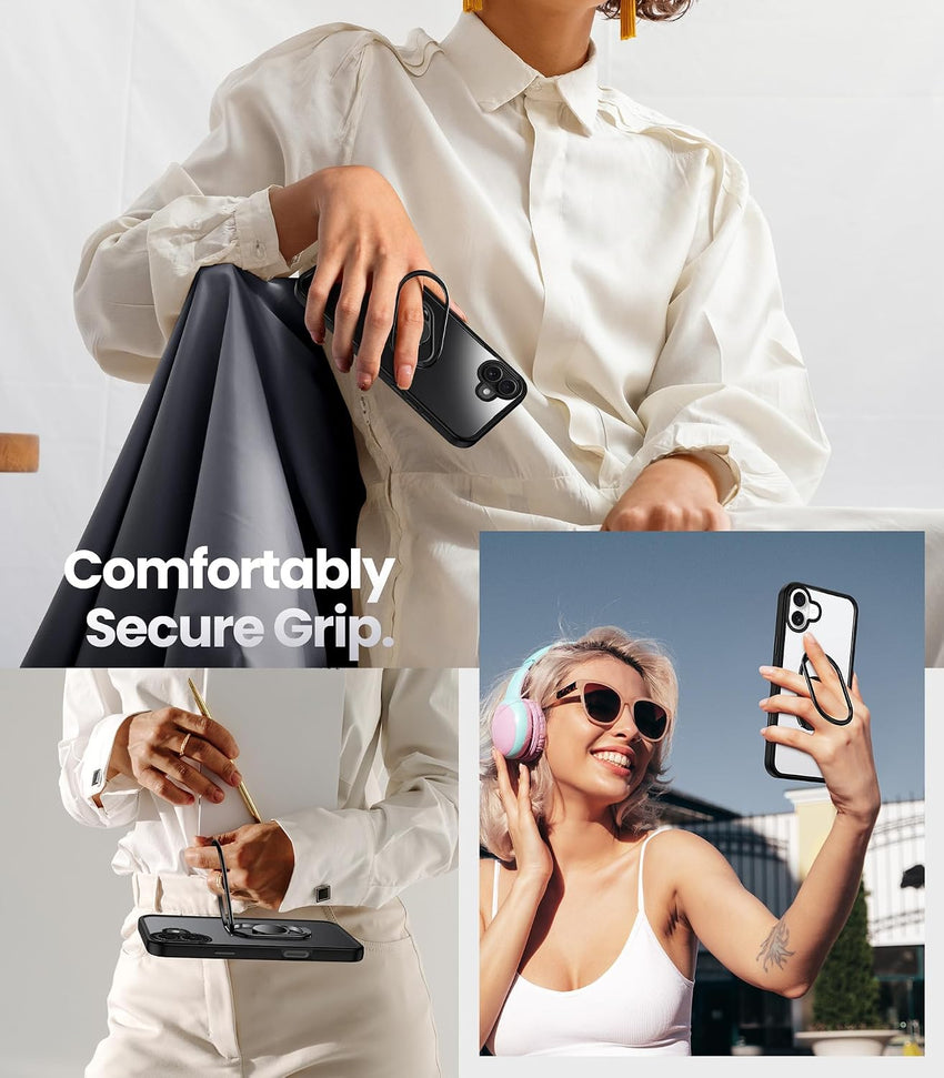 SHIELDS UP for iPhone 16 Case with Stand, Phone Case Clear with Double Ring HolderAdjustable & Fodable Shockproof Protective Cover for iPhone 16 6.1'' - Clear Black