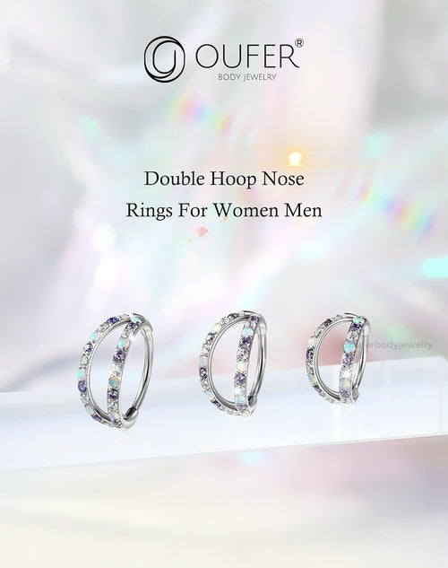 20G Nose Ring Hoops, Double Line CZ Opal Helix & Tragus Earrings â Silver