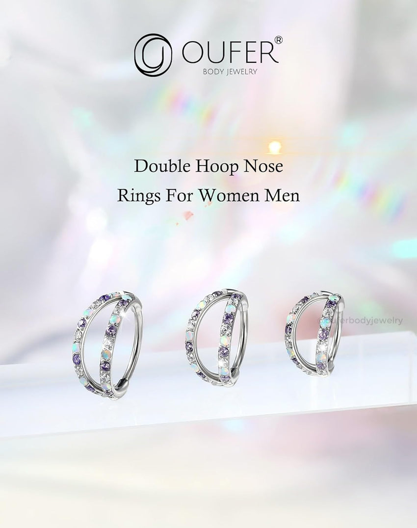 20G Nose Ring Hoops, Double Line CZ Opal Helix & Tragus Earrings â Silver