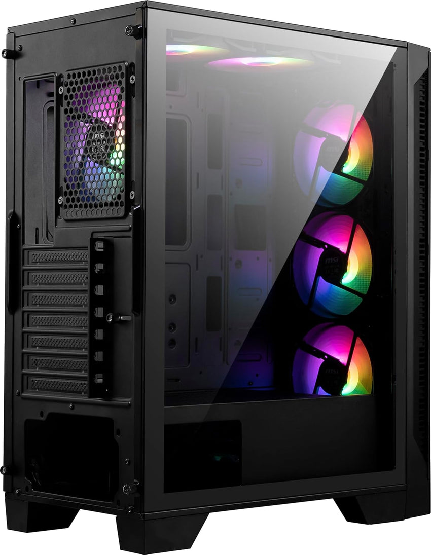 MSI Forge 120A Airflow mag cabinet with RGB window, Midi-Tower, ATX/Micro-ATX/Mini-ITX, USB 3.2, no source, 6 RGB fans installed, Black