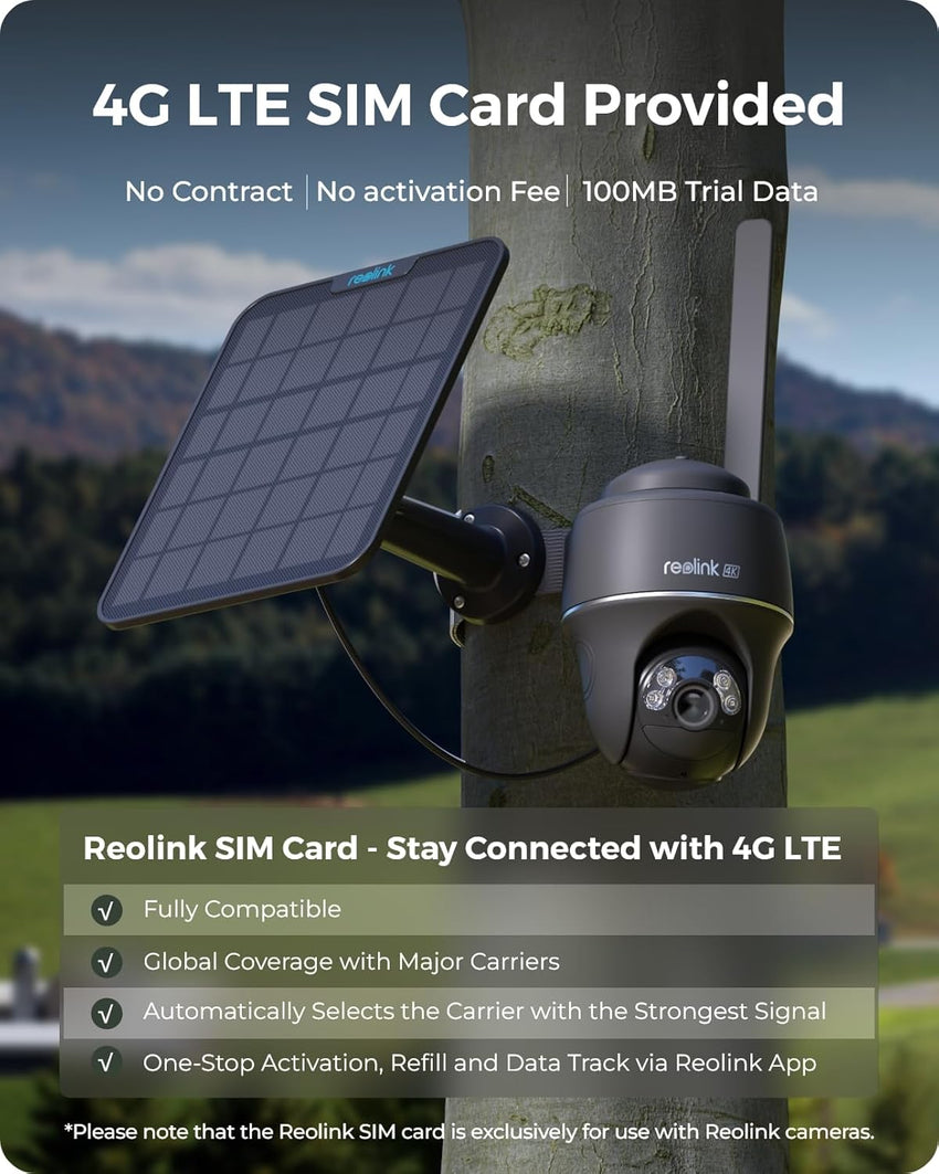 Reolink 4K 4G Solar Outdoor Security Camera AI Detection Colour Night Vision â Black + Solar Panel