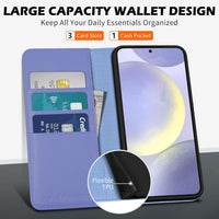 SHIELDON Flip Case for Galaxy S24 FE 6.7", Genuine Leather Wallet Case with [Kickstand][RFID Blocking][Card Slots][Magnetic Closure] Shockproof Phone Cover Compatible with Galaxy S24FE - Navy Blue