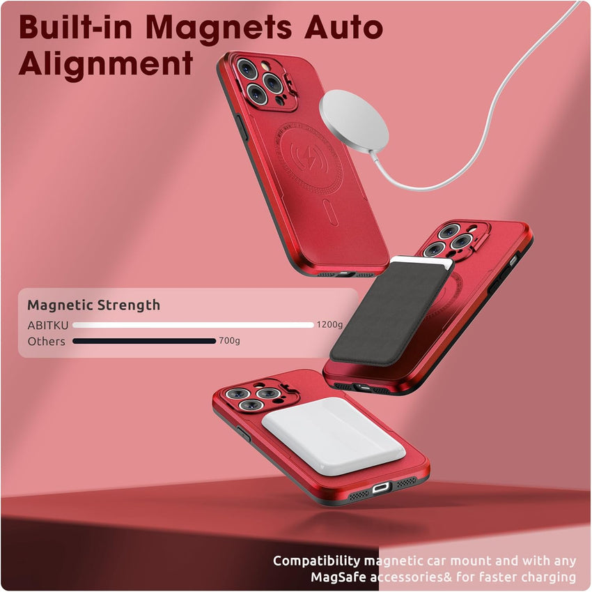 abitku Magnetic Case for iPhone 15 Pro Max, with Camera Protector Kickstand Cover (Compatible with MagSafe & Car Holder), with Screen Protection Shockproof Phone Case for Men Women (Red)
