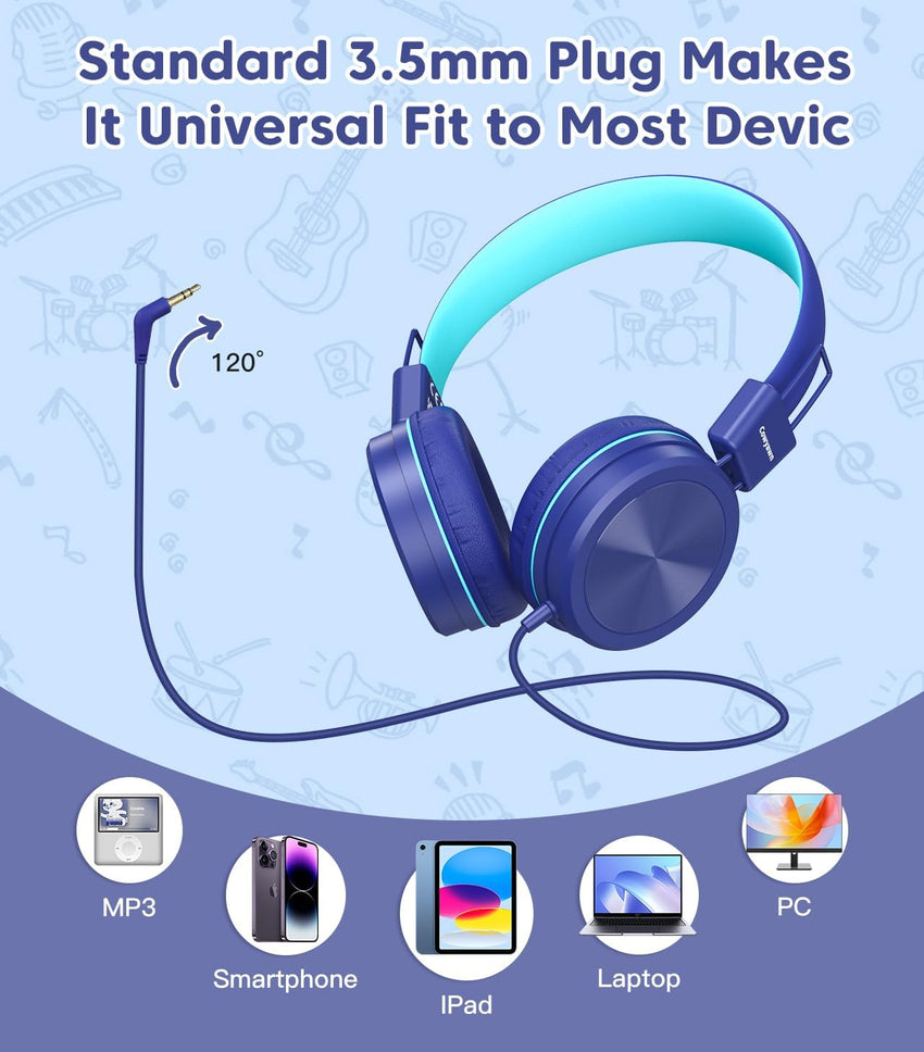Cowyawn Kids Headphones, Toddler Headphones with Safe Volume Limiter 94dB, Wired School Headphones for Kid, 3.5mm Adjustable On-Ear Headphone for Boys/Girls/Children/Teens/iPad/Computer, Dark Blue
