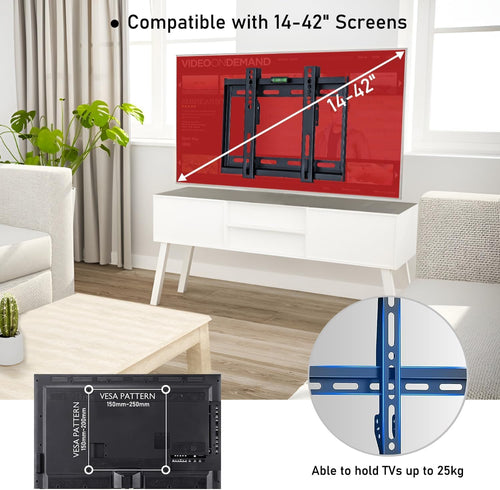 FANWINKJ Universal TV Wall Bracket for LED LCD TVs, Full Motion Adjustable Swivel TV Wall Mount with Double Arm, Slim Design Holds up to 45kg, VESA Compatible (14-42inch)