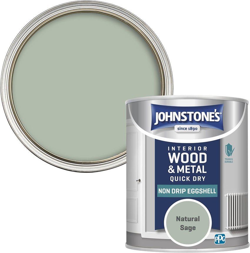 Johnstone's Quick Dry Nondrip Eggshell Paint for Wood & Metal Low Odour 12mÂ²/L â Natural Sage 750ml