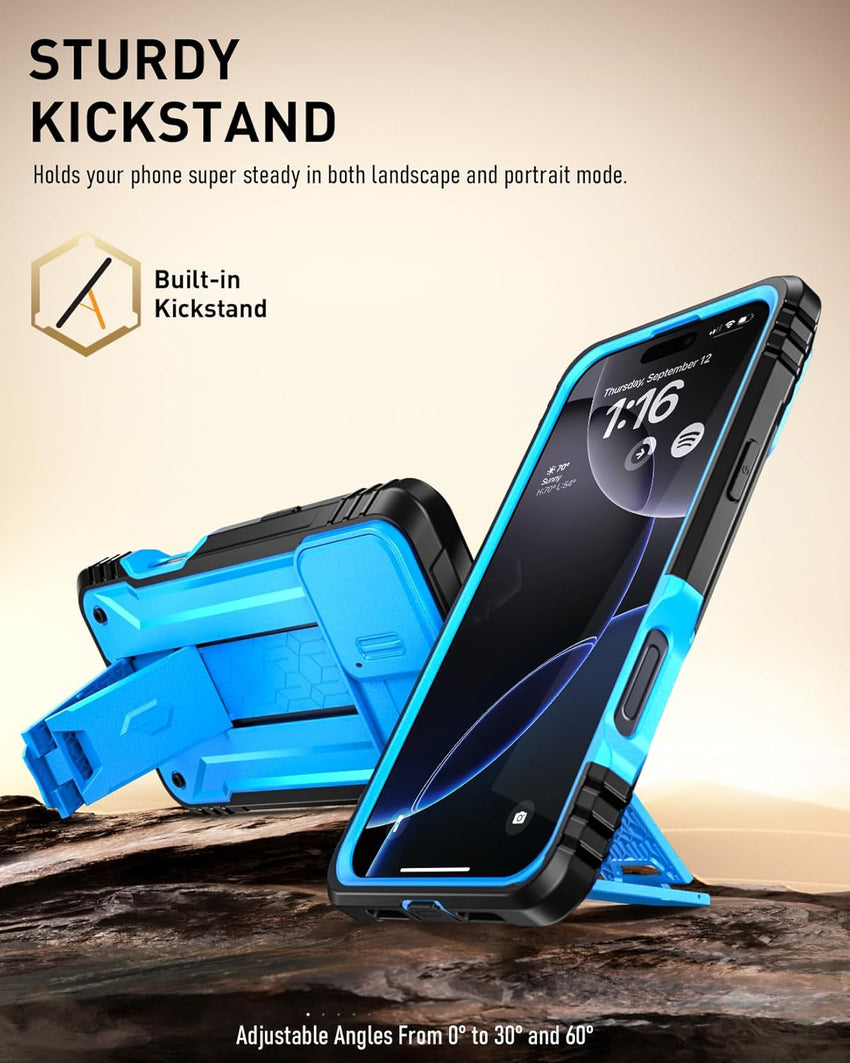 Poetic Revolution Case for iPhone 16 Pro Max 6.9 inch, [Slide Camera Cover], Full-Body Military Grade Rugged Shockproof Cover Broken KickstandLight Blue
