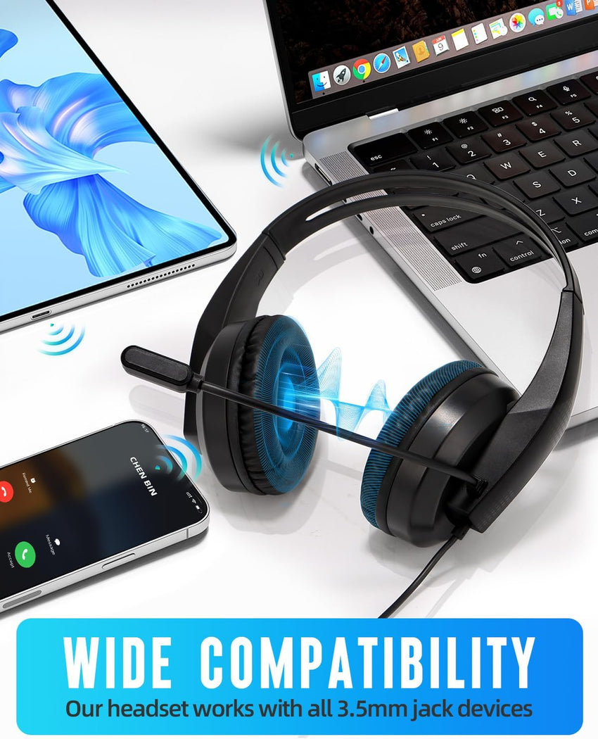 Grstltd Wired Headset with Mic for Laptop - Computer Headset for Kids Teens Adults with Noise Canceling Microphone & Volume Control - 3.5mm Stereo Headphones with Mute for Home Office Class